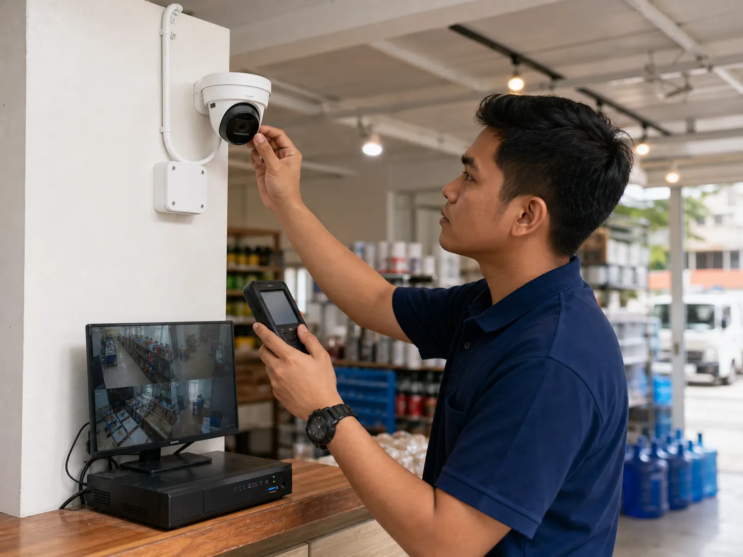 Technician testing a CCTV camera and security monitor in a small business