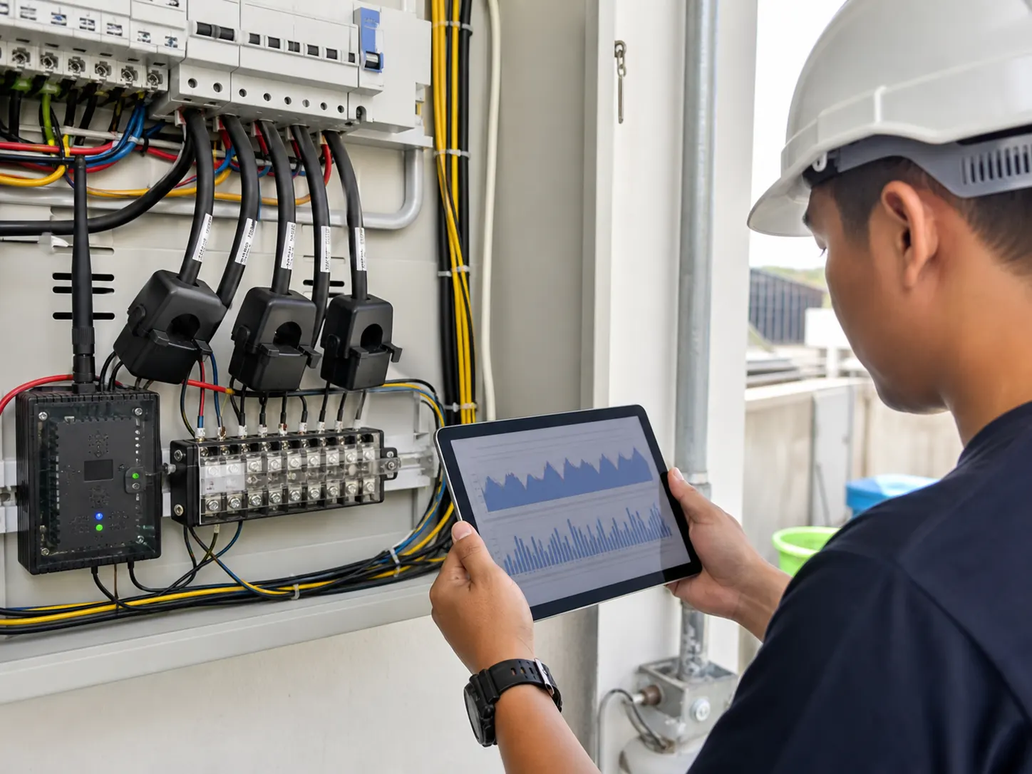 Smart energy monitoring equipment with CT clamps and tablet dashboard